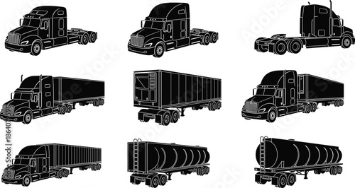 Semi-truck silhouette vector set, commercial freight vehicle icons, trailer types front and side views, logistics design elements, stock illustration