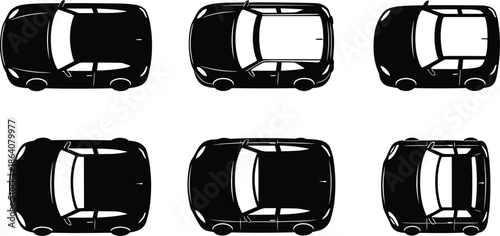 Top view car silhouette vector set, overhead vehicle icons, black transport graphics, modern auto design elements, stock illustration