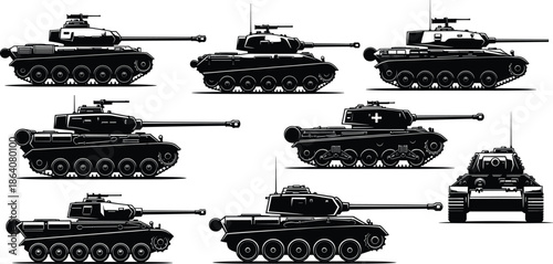 Tank silhouette vector set, military vehicle icons, side and front views, armored transport graphics, war machine design elements, stock illustration