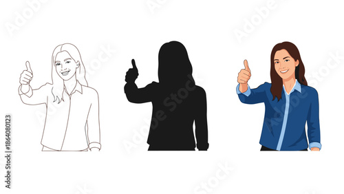 Set of three illustrations of a young woman giving a thumbs up gesture line art, silhouette, and full color portrait
