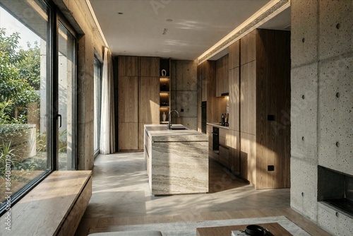 Modern minimalist kitchen with concrete and wood finishes, marble island, and large windows overlooking greenery