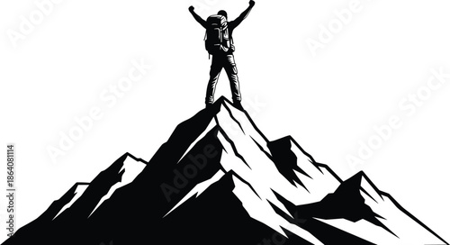 Hiker standing victorious on mountain peak silhouette vector illustration, adventure success concept, outdoor achievement, leadership, motivation, exploration, freedom, and determination