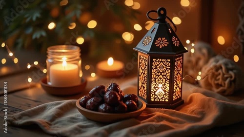 Warm lighting on a table with dates and lantern