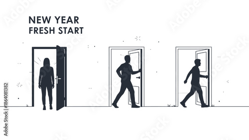 New year fresh start with people entering through different doors