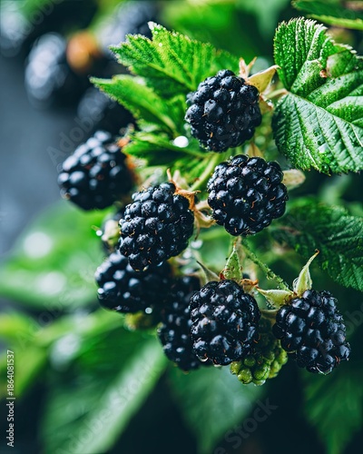 A cluster of ripe, glossy boysenberries on a lush green branch, showcasing their natural texture and vibrant dark color.
