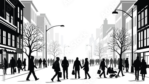 People walking down a city street with buildings and trees