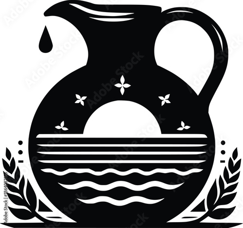 Elegant black silhouette of a pitcher with wheat and water details