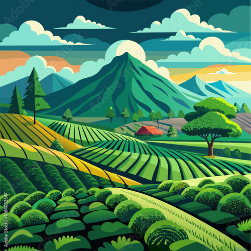 Rolling green tea plantation fields under a cloudy sky. Near Gunung Kerinci Volcano in Kayu Aro, Kerinci Regency, Jambi, Indonesia
