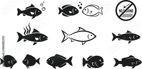 Fish and Fishing Silhouette Icons Set with Various Fish Species, Bubbles, Underwater Symbols, and No Fishing Sign Vector