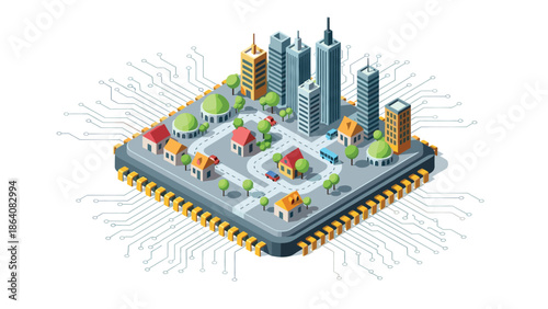 Smart city infrastructure on a microchip with modern buildings and homes
