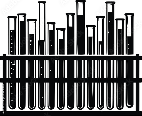 An arrangement of test tubes in a laboratory rack a black and white illustration