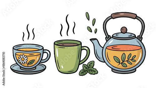 Serene Tea Set: An inviting composition of a glass teacup, a ceramic mug, and a glass teapot, all filled with a warm beverage and aromatic steam.