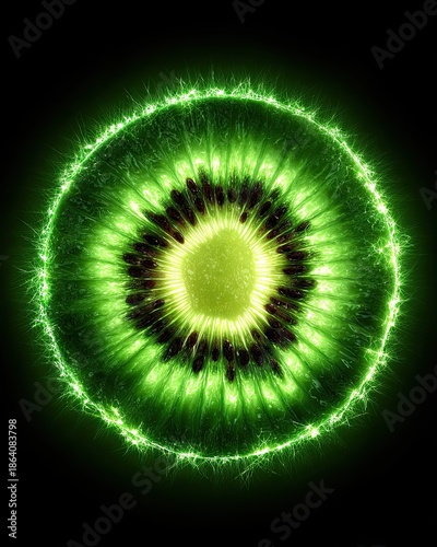A glowing kiwi fruit slice radiating bright green energy against a dark background