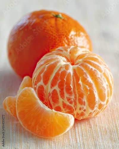 A juicy tangerine with visible segments, partially peeled and whole citrus fruit nearby, showcasing freshness.