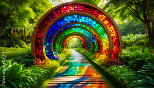 Bright stained glass portal with rainbow colors and sunbeams in a blooming park
