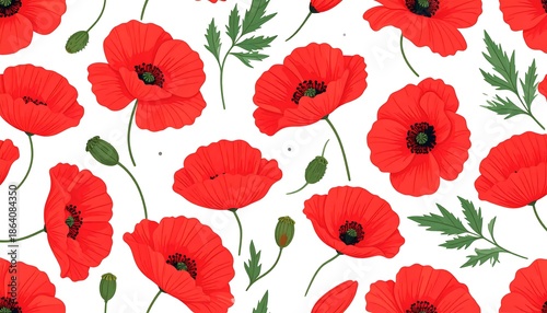 A vibrant seamless pattern features scarlet poppy blossoms, buds, and green leaves on a pristine white background