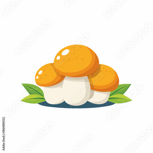 Three vibrant yellow and white mushrooms grouped together with green leaves on a white background, vector art.
