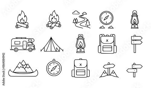 Travel and outdoor line icon set with campfire, hiking, and trailer symbols