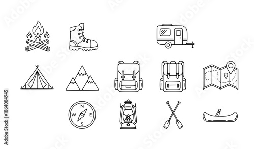 Modern travel and camping outline icon vector set for web and app