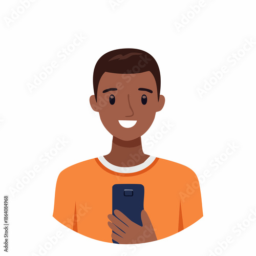 Smiling young man holding a smartphone, vector illustration of a person using mobile device to communicate or access online services