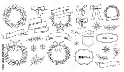 Vintage hand drawn Christmas decorative elements big outline vector set