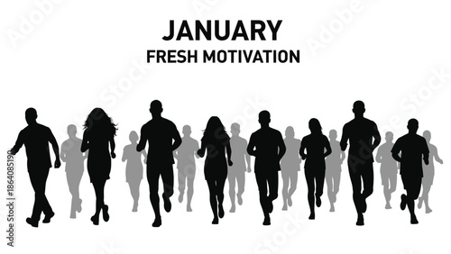 Group of people running with fresh motivation in january