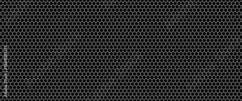Abstract black background featuring a seamless white hexagonal honeycomb pattern. The minimal, high-contrast geometric design creates a modern, technical, and structured appearance
