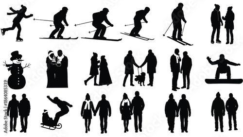 Collection of silhouettes of people engaging in winter activities