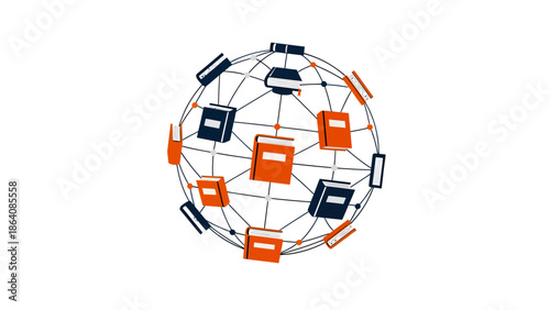 A global network of interconnected devices and data exchange visualized through a spherical representation with orange and blue icons