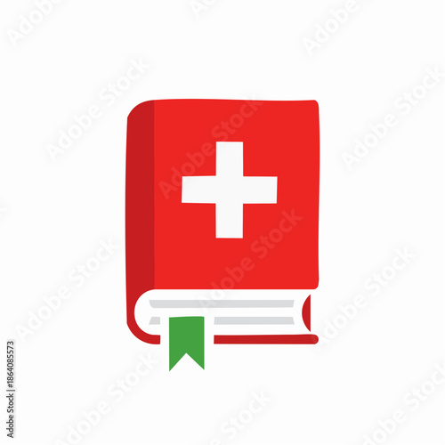 Red medical book with white cross emblem and green bookmark for health and information guide, vector icon illustration