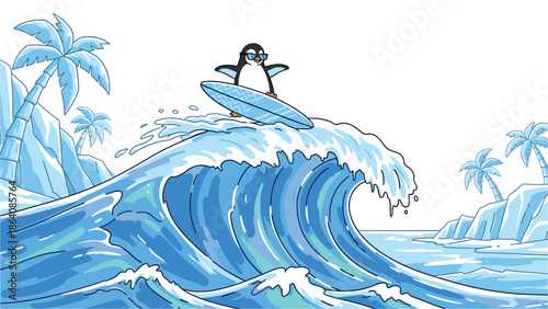 Cool penguin surfing on a big wave with palm trees