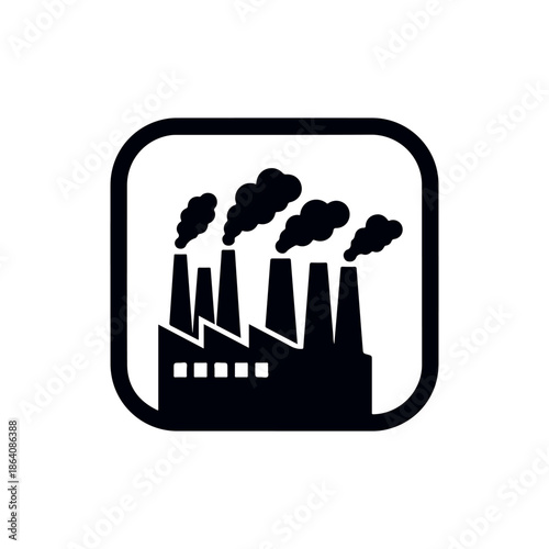Industrial factory silhouette emitting smoke from chimneys, symbolizing pollution and manufacturing.