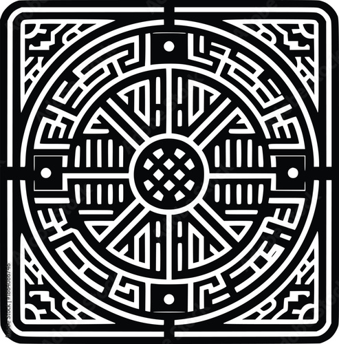 Intricate black and white geometric pattern resembling a manhole cover design
