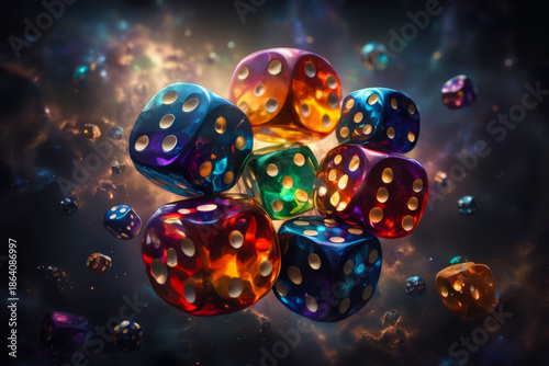 Vibrant 3D composition of glowing neon dice in dark abstract space