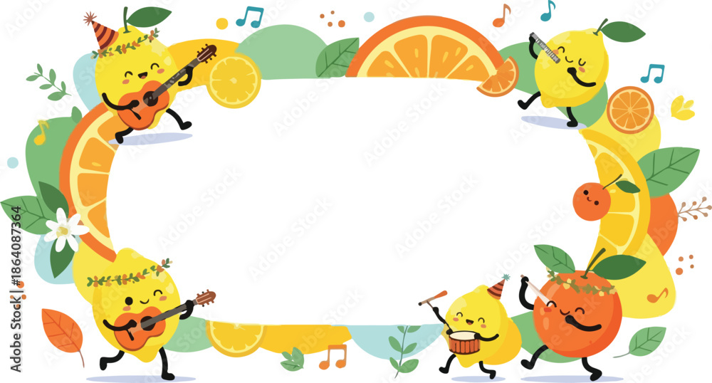 Fototapeta premium Cute Citrus Fruit Music Frame with Orange and Lemon Cartoon Illustration