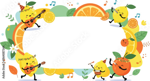 Cute Citrus Fruit Music Frame with Orange and Lemon Cartoon Illustration