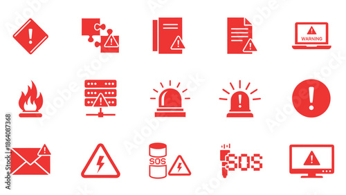 A collection of red icons representing warnings, alerts, and potential hazards in various digital and real-world scenarios.