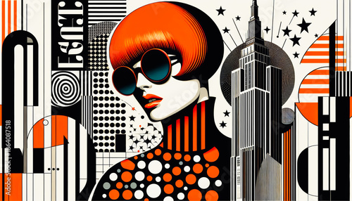 Creative pop art portrait of a fashionable woman with orange hair and sunglasses