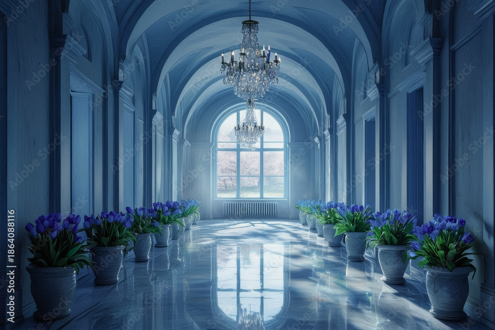 Fototapeta premium Luxury interior of a white grand ballroom with arches and chandeliers