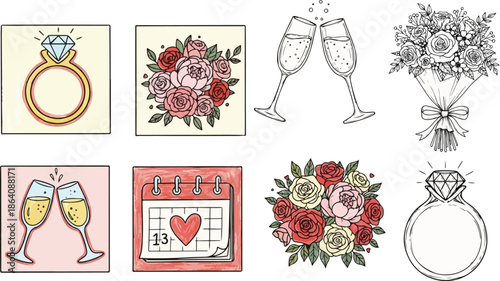 Wedding and Valentine Love Icons Set with Engagement Ring, Champagne and Floral Bouquets