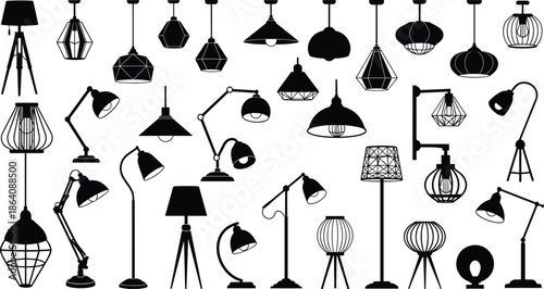Lamp silhouette vector, pendant, desk, floor, table lamps, black illustration, lighting design, interior decor, modern fixtures, home style, adjustable shapes