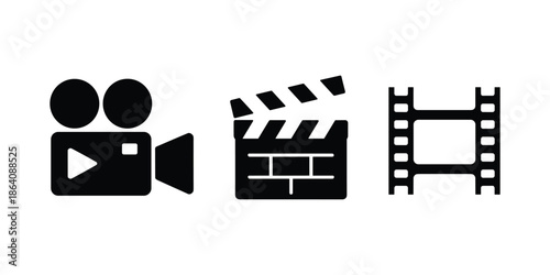 Black silhouette of a vintage camera a clapperboard and a strip on a white background camera clapperboard strip cinema recording production filmmaking retro camera