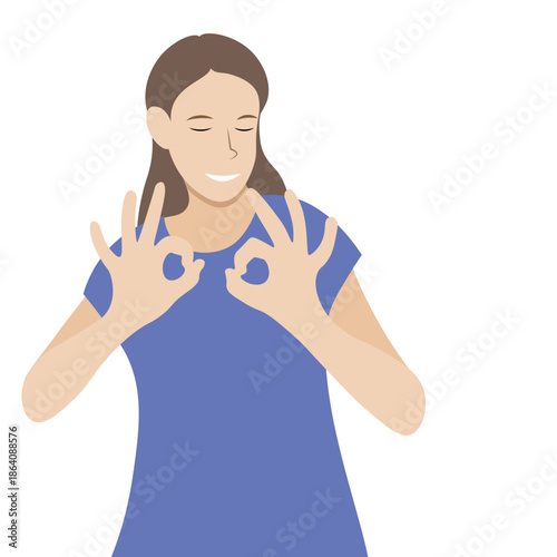 Portrait of a cartoon happy girl showing everything is ok flat illustration isolated on white background
