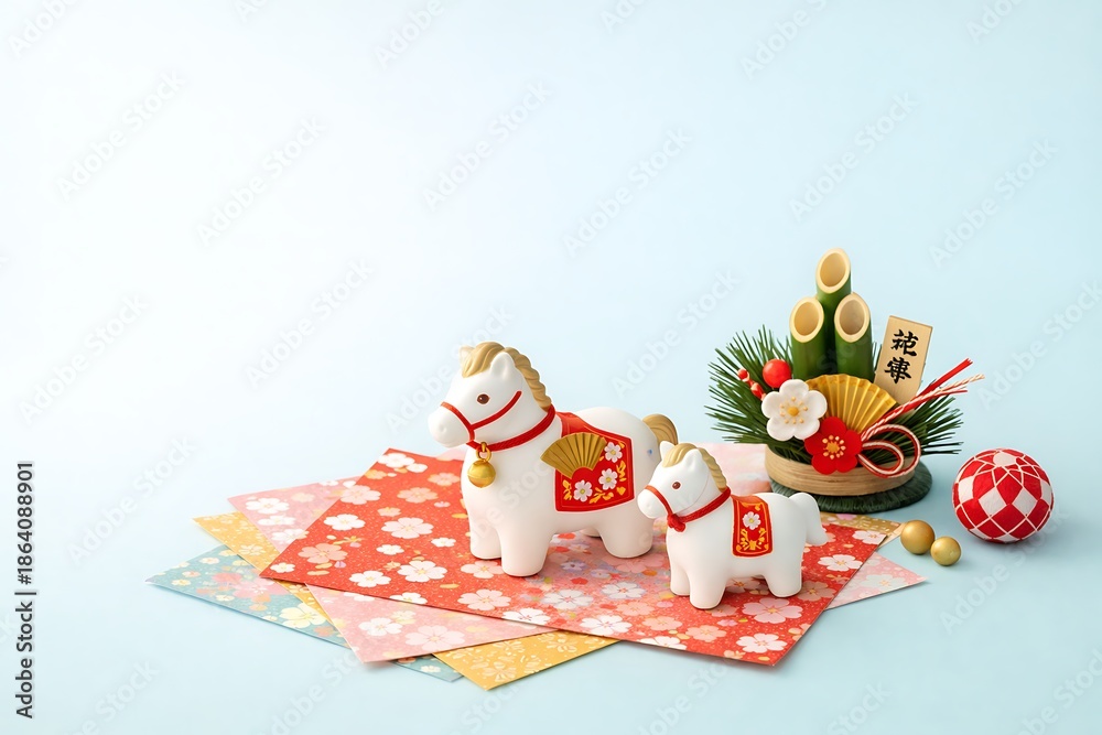 Obraz premium Cute Horse Figures with Japanese New Year Decorations on Light Blue Background