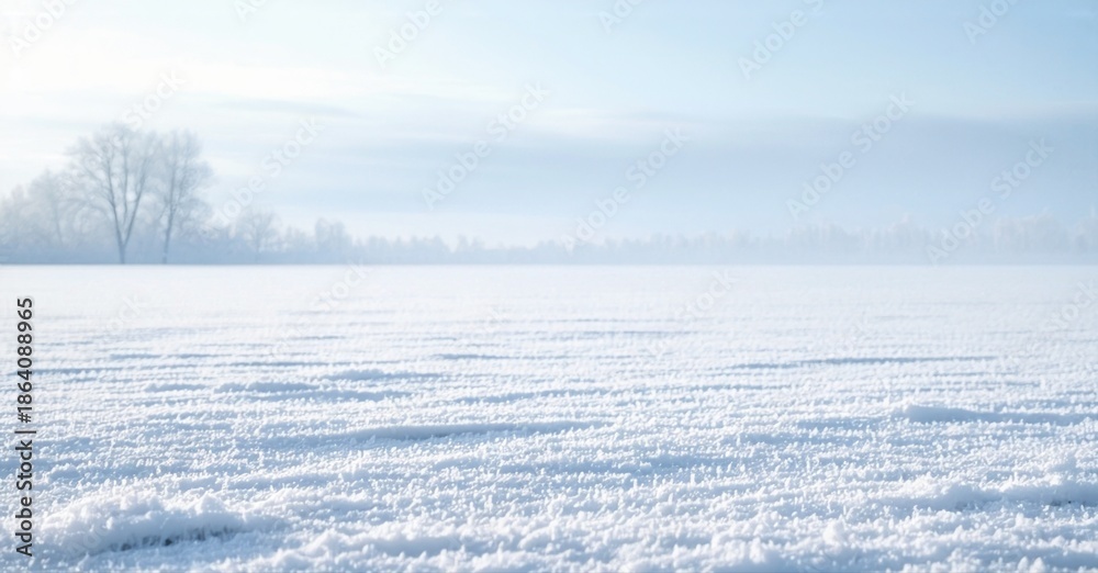 Obraz premium Winter landscape. Snow covers field, distant trees visible through haze. Calm, serene scene. Cold weather conditions present.