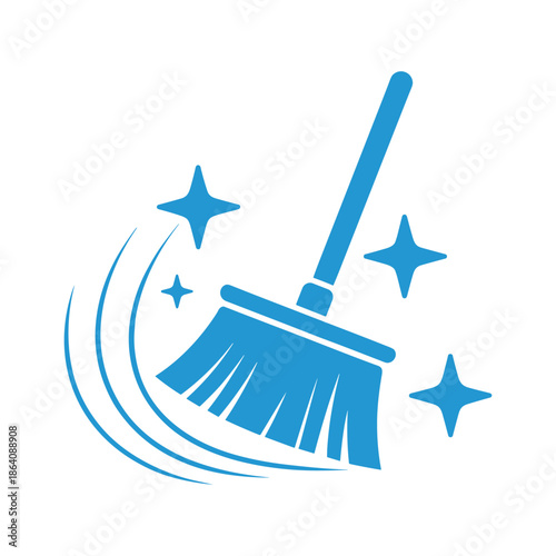 Blue broom cleaning with sparkling stars and swoosh lines on white background sweeping sparkle vector illustration isolated on a white background. 