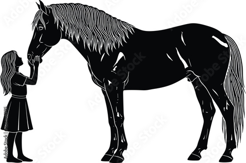 Little girl kissing giant horse vector silhouette illustration, friendship and close bond between child and large domestic animal, detailed black shape of 