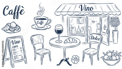 Cafe Coffee Doodle Illustration Set – Hand Drawn Coffee Shop Vector Collection