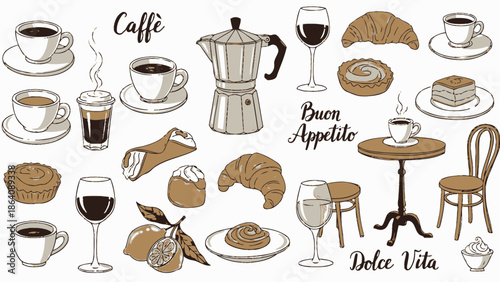 Cafe Doodle Icons Set – Coffee, Food & Bistro Hand-Drawn Symbols for Menu Design