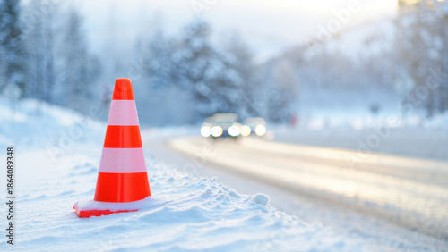 Orange traffic cone on snowy roadside blurred winter background, safety concept in cold weather conditions, road maintenance alert, icy hazard prevention, winter driving environment emergency setup